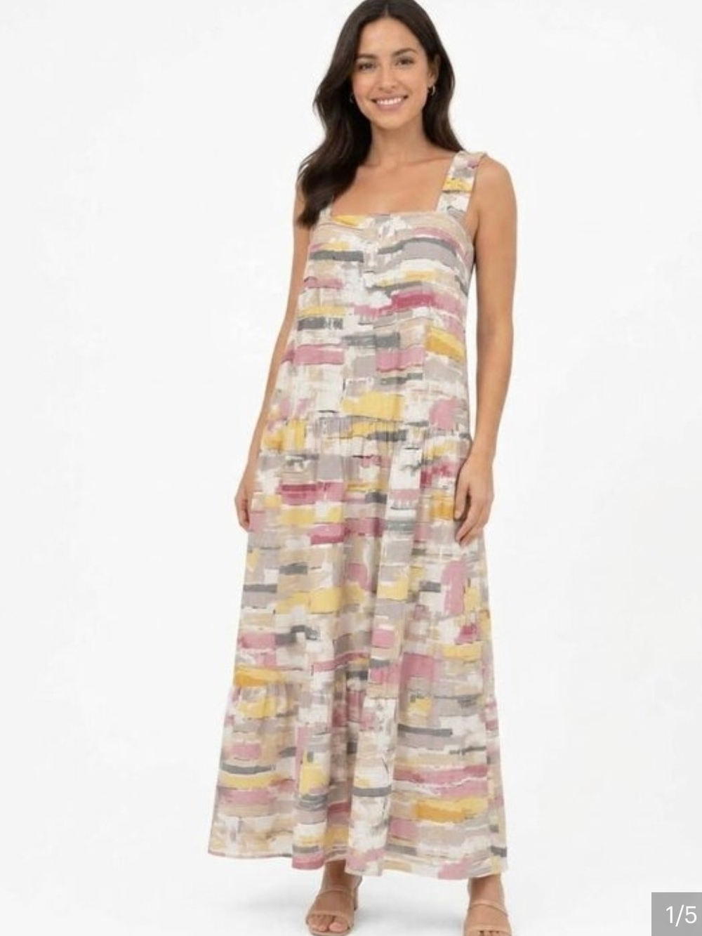 Moon River Abstract Brushstroke Maxi Dress in Pink, Yellow & Gray